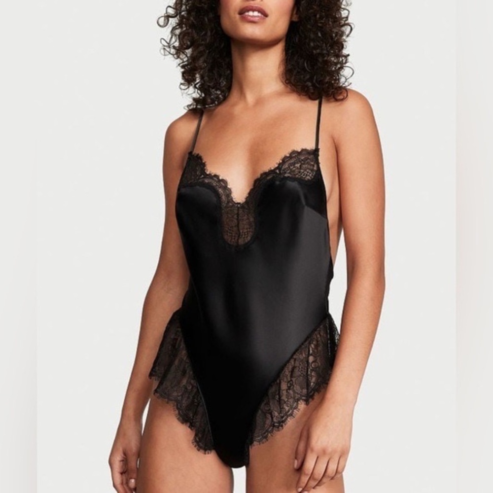 New! Victorias Secret Satin Lace Lingerie teddy bodysuit Black nwt 45870